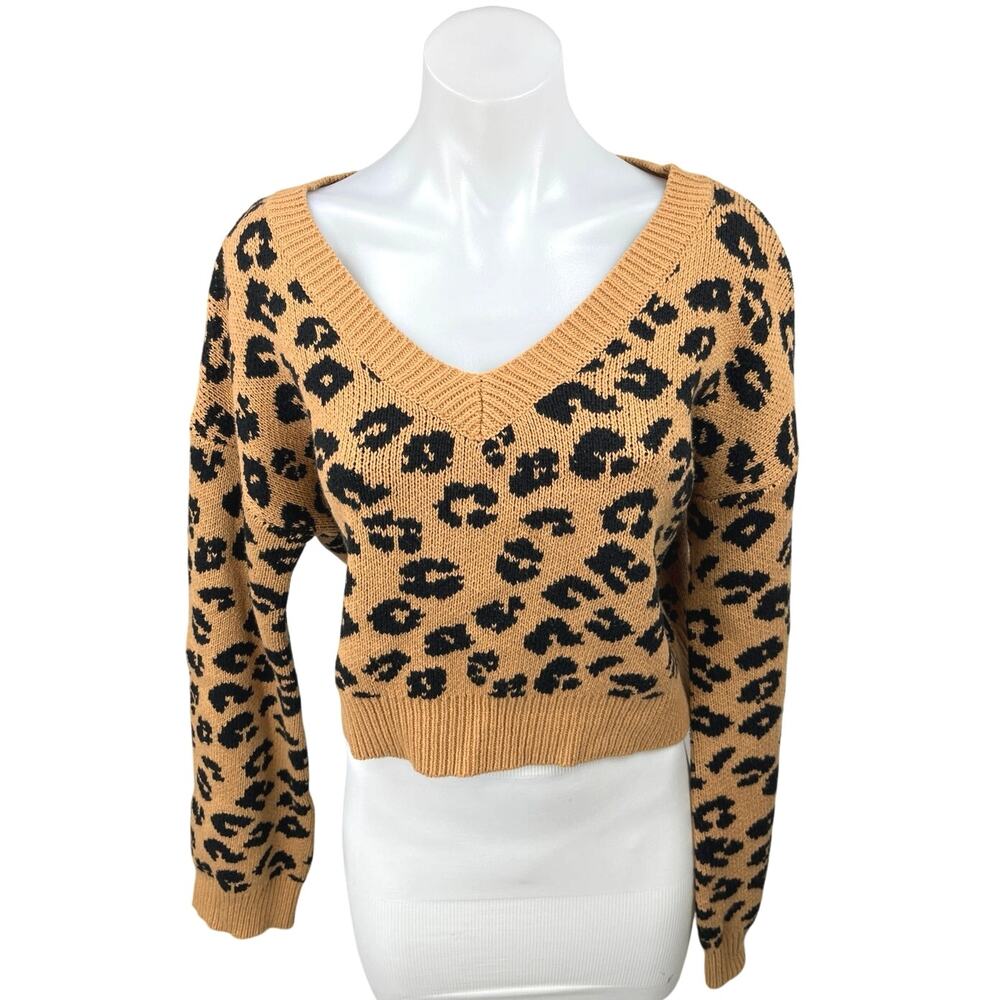 Wild Honey Brown Black Leopard Animal Print Knit V-Neck Crop Sweater Top Size S